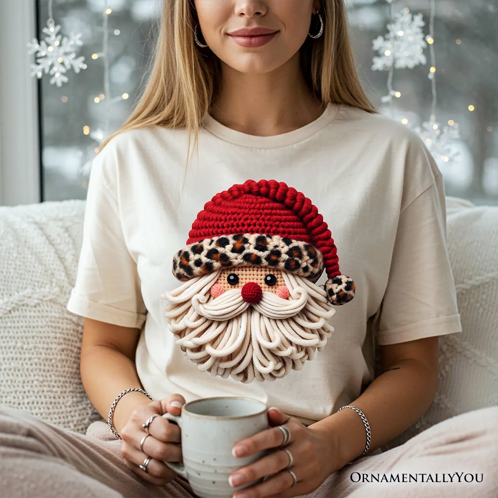 Santa Leopard Hat Christmas T-Shirt, Imitation Latch Hook Yarn Cozy Tee