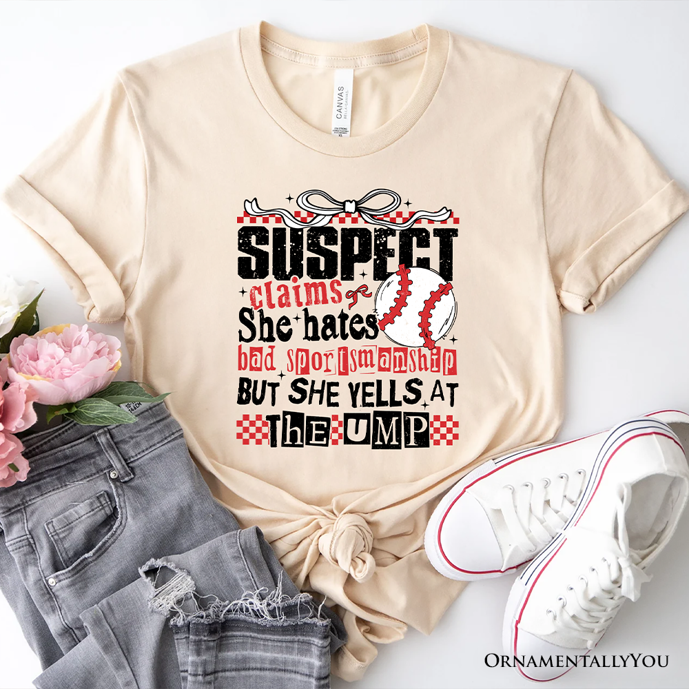 Baseball Suspect Claims Fun T-Shirt, Retro White and Natural Tee With Coquette Bow