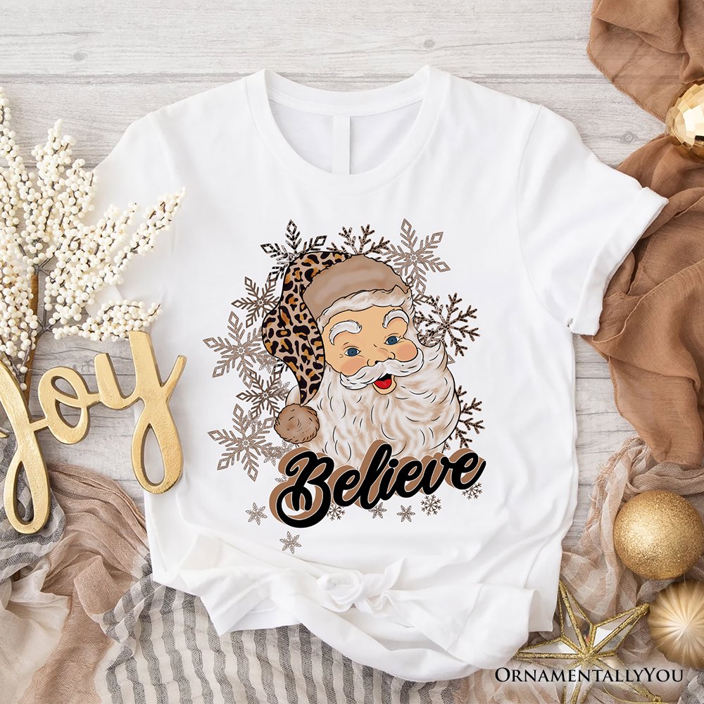 Believe Santa Cheetah Leopard T‑Shirt, Retro Christmas Tee