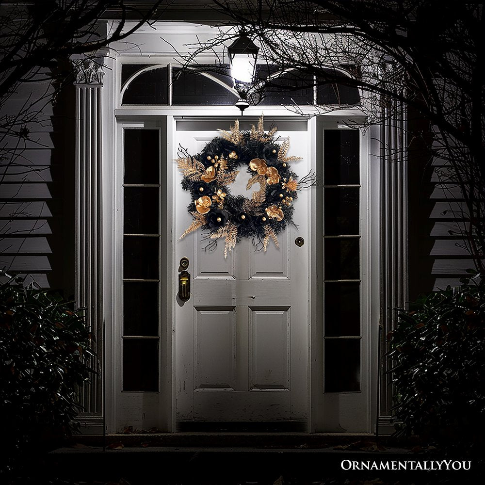 Black and Bronze Elegantly Goth 20" Wreath, Premium Gold Door Decoration with Floral Orchids