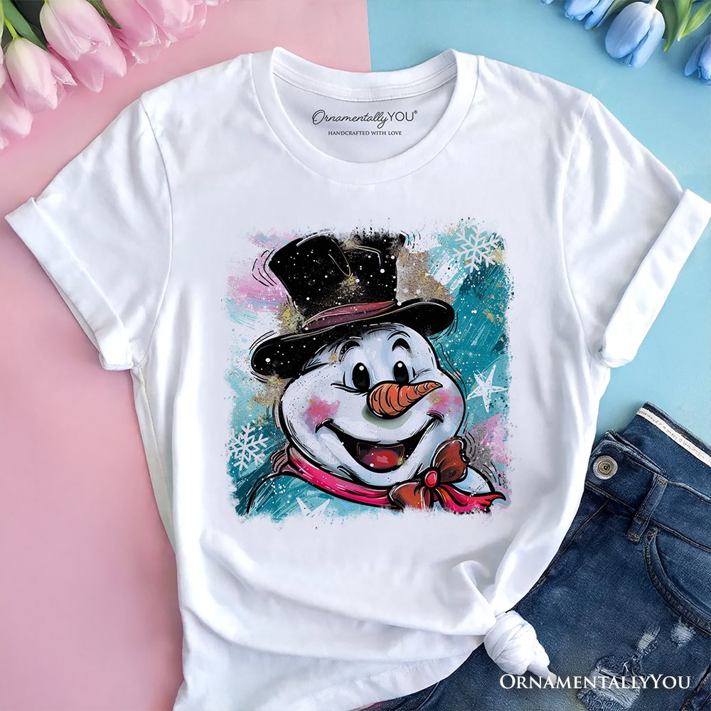 Brushstroke Cute Snowman T-Shirt, Preppy Merry Christmas Glitter Holiday Tee