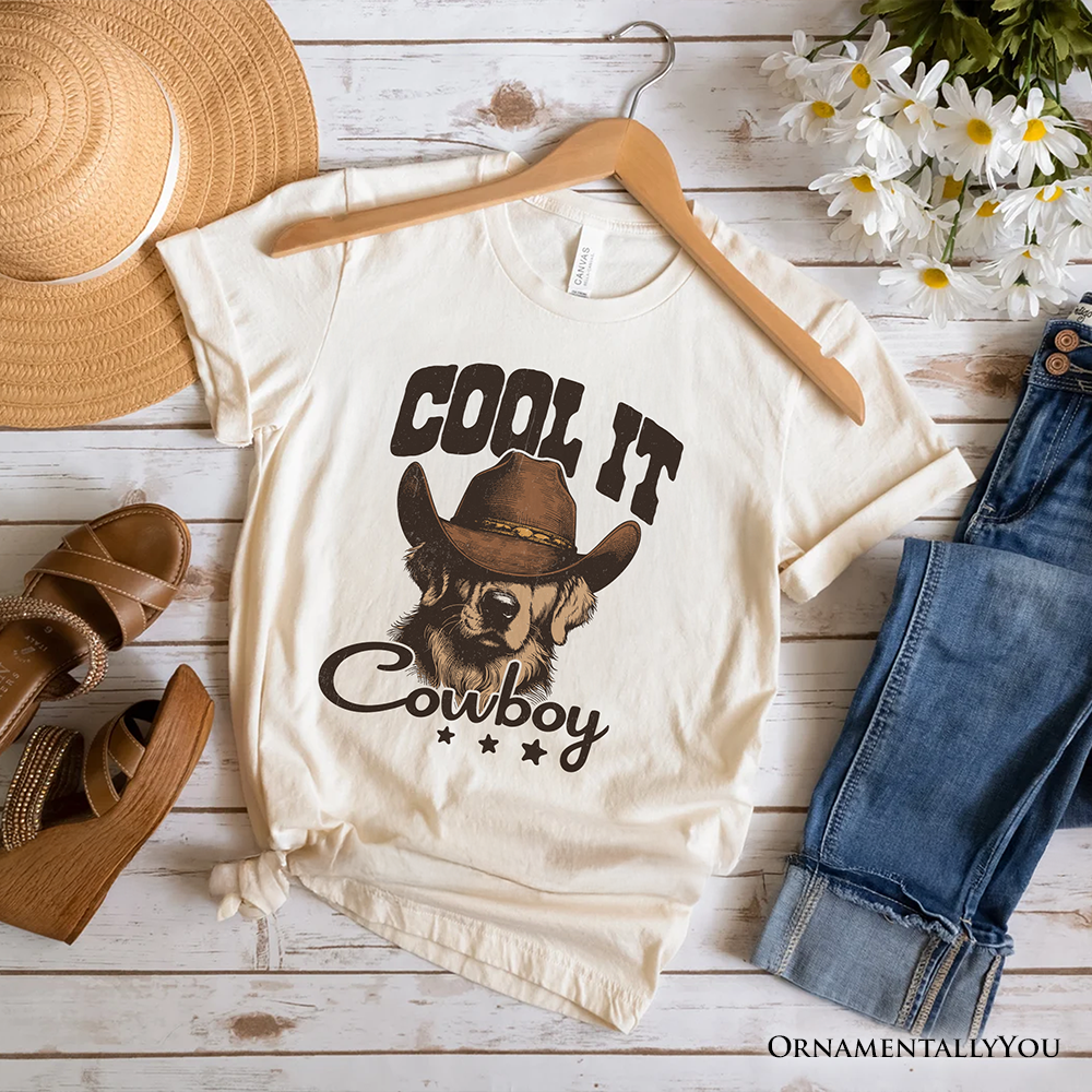 Cool It Cowboy T-Shirt With Western Dog, Retro Golden Retriever White and Natural Tee for Country Lover