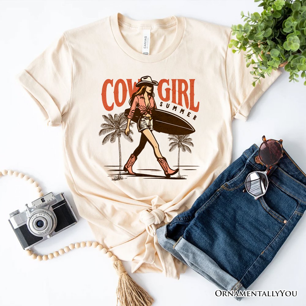 Cowgirl Summer Surf T-Shirt, Retro Western Beach White and Natural Tee for Free-Spirited Women