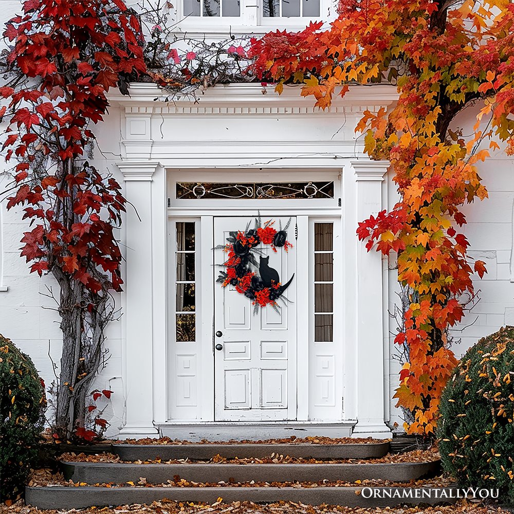 Crescent Moon Floral Black Cat Wreath, 20" Black and Orange Halloween Door Decoration
