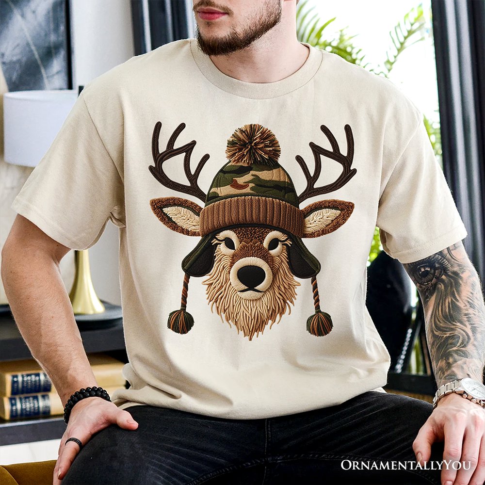 Deer Head Camo Hat Christmas T-Shirt, Imitation Latch Hook Yarn Cozy Hunting Season Tee