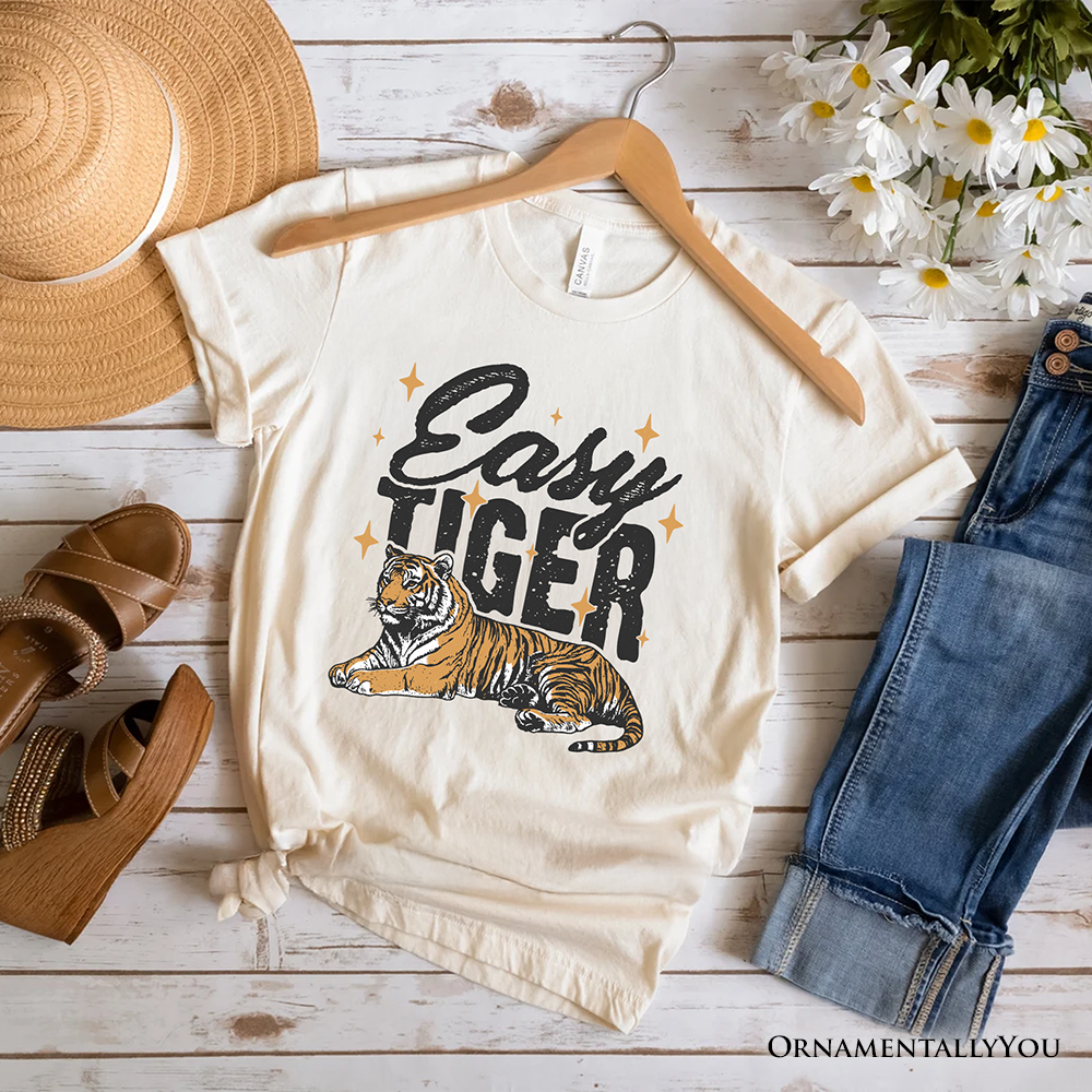 Easy Tiger Retro Grunge T-Shirt, Vintage White and Natural Tee With Wild Animal