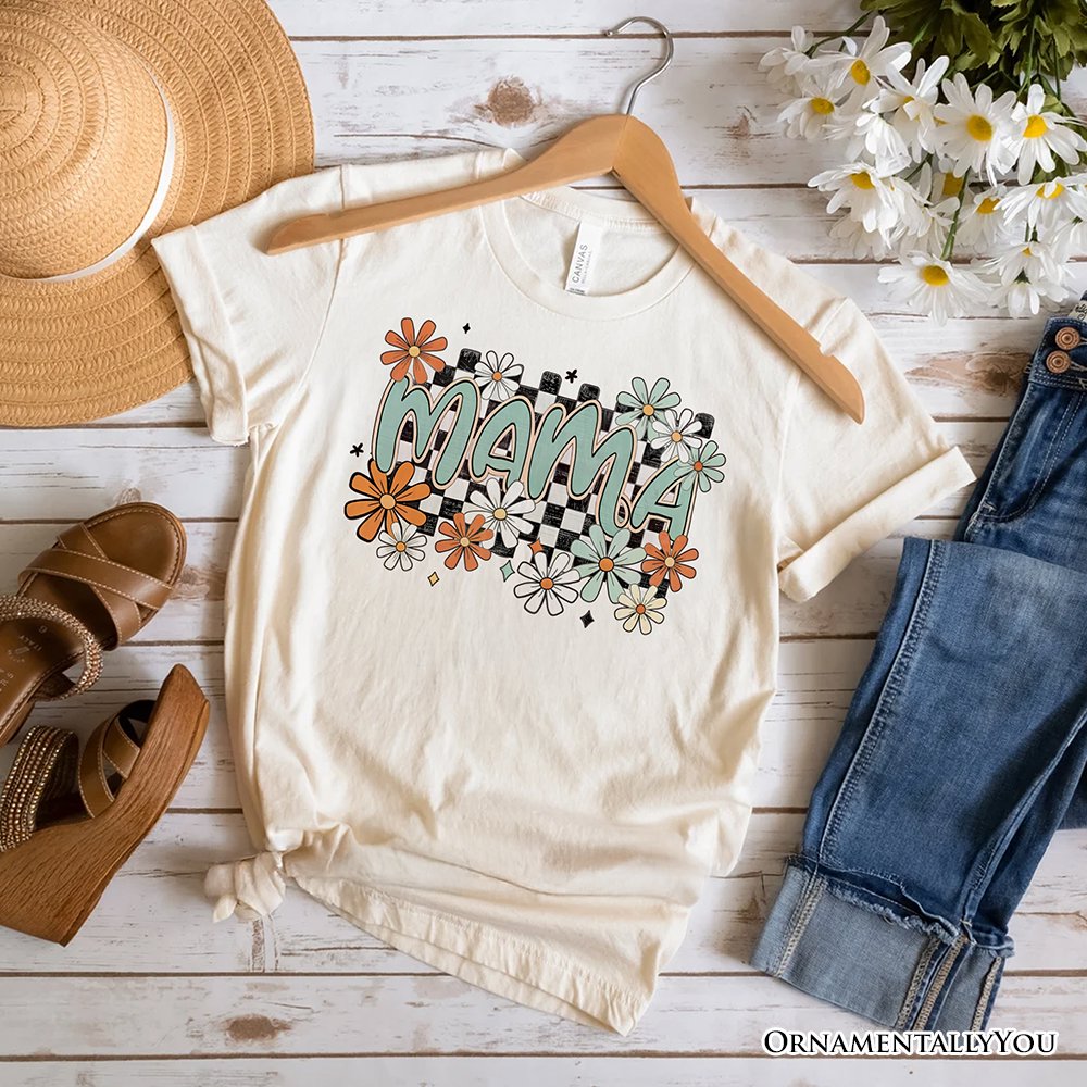 Floral Mama Checkered T-Shirt, White, Natural and Black Retro Tee for Stylish Mothers