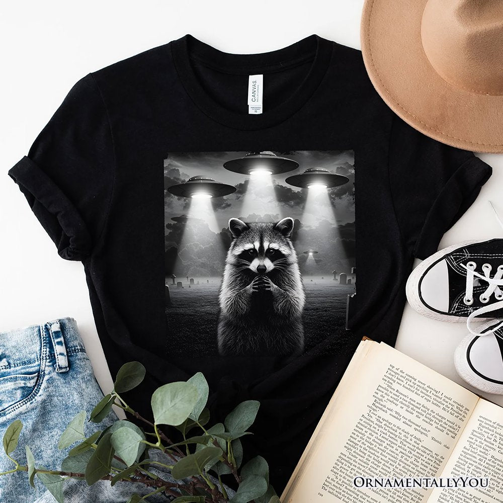 Funny Raccoon UFO T-Shirt, Unisex Black Tee for Space Lover