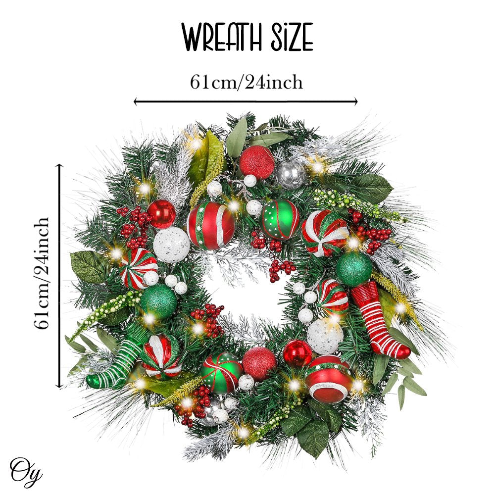 Merry and Bright Bold Christmas Sparkling Wreath, Red and Green Onrament Baubles and Stocking Decor , Holiday Door
