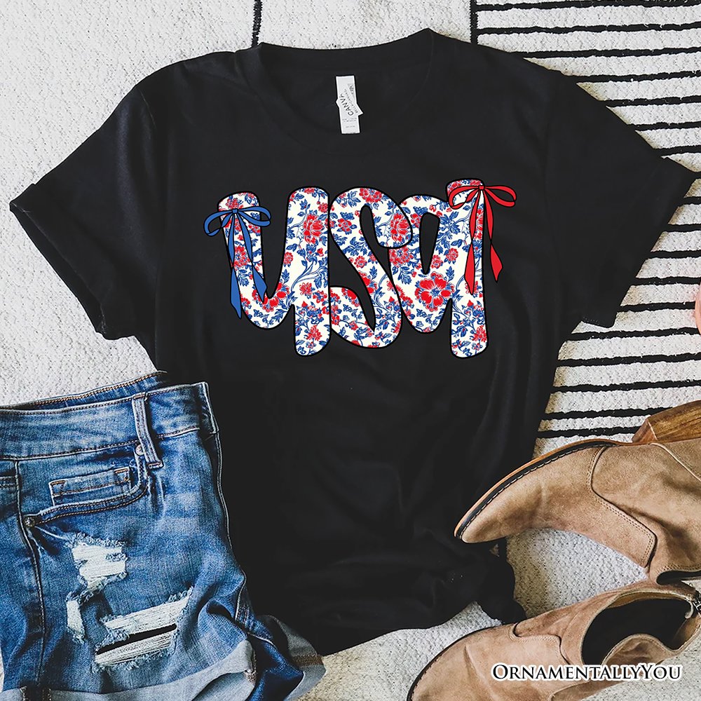 Floral USA Patriotic T-Shirt, 4th of July White, Natural and Black Tee for Stylish Women