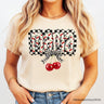 Checkered Cherry Disco Mama T-Shirt, White and Natural Coquette Bow Tee for Trendy Mothers