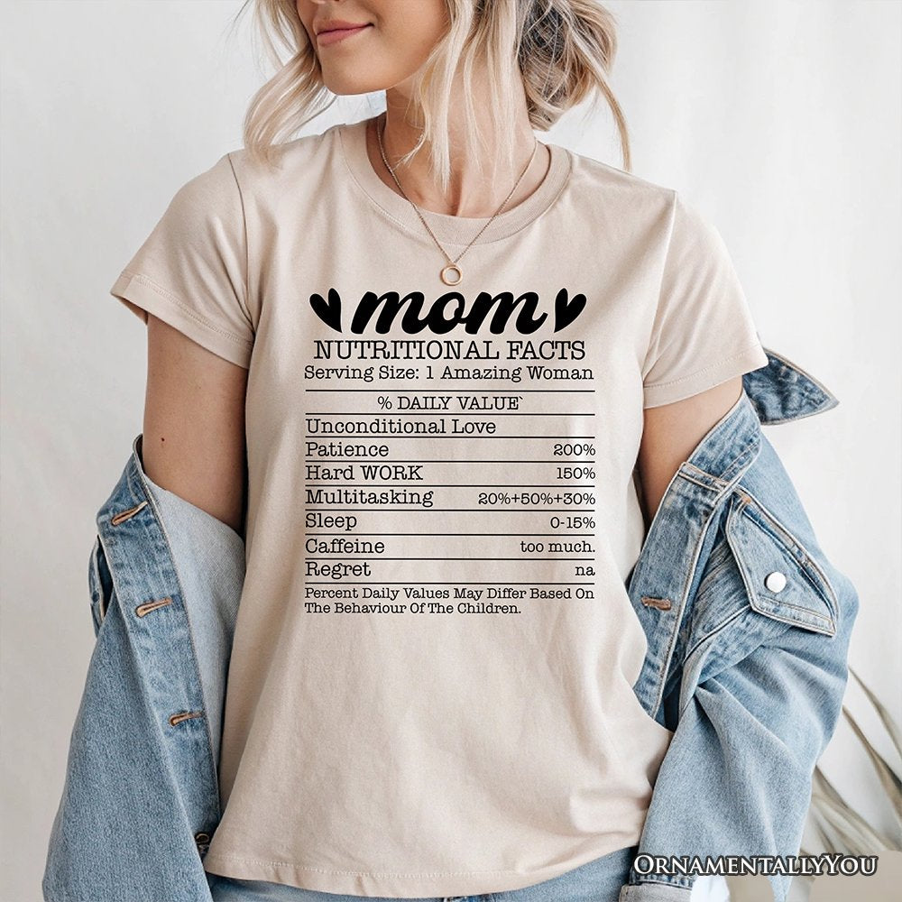 Mom Nutritional Facts Funny T-Shirt, White and Natural Mom Life Tee for Exhausted and Caffeinated Mothers