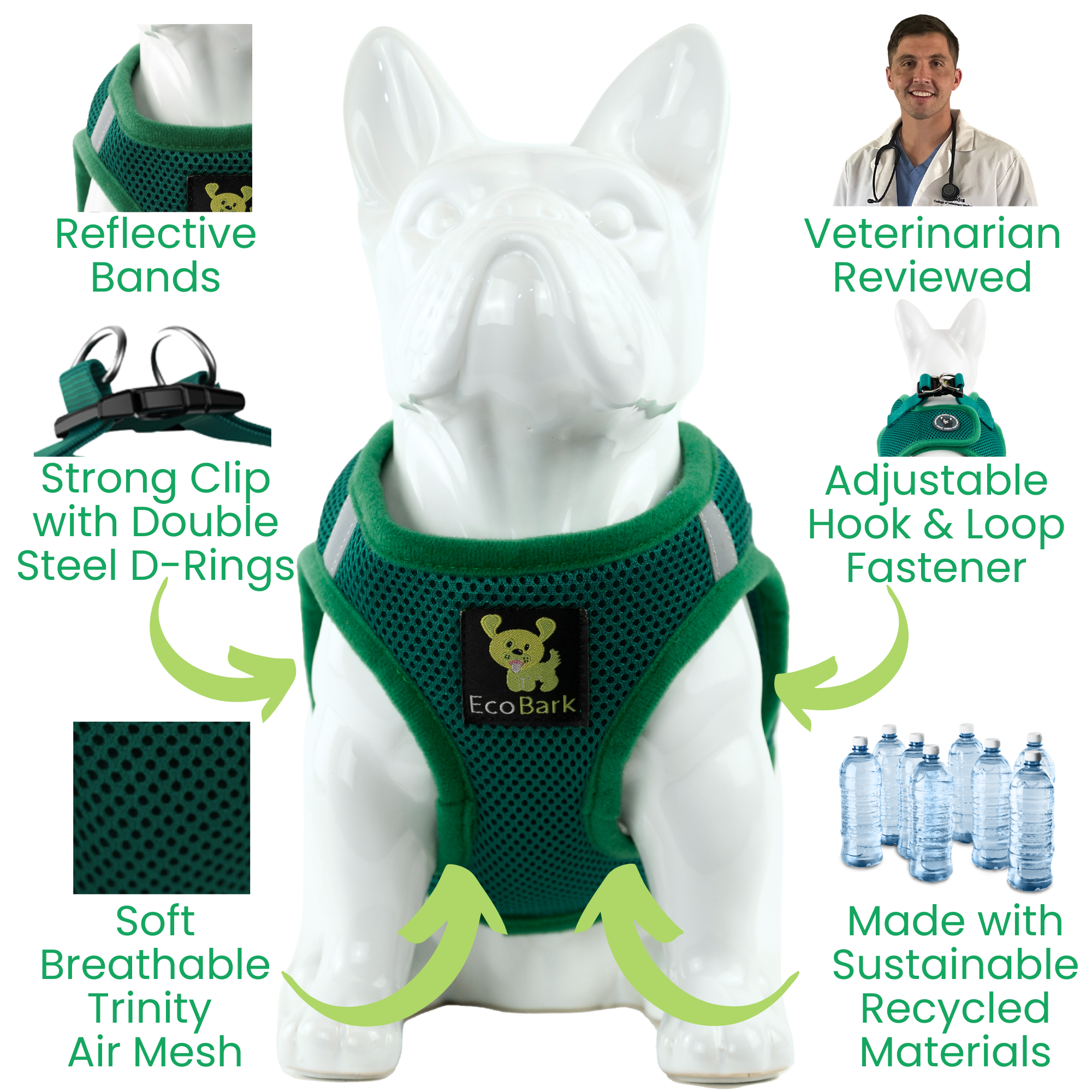 EcoBark Step In Dog Harness - Teacup & Small Breeds- Reflective Soft Mesh Harness for Teacup, Small Dogs and Puppies / Forest Green