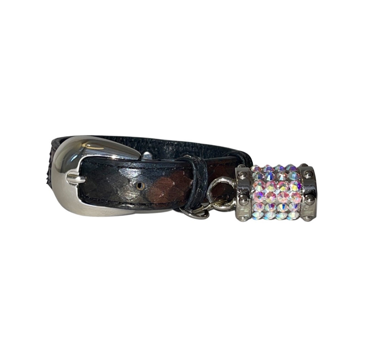 Allysa Payne Gun Metal Grey/Bronze/Silver Custom Snake Dog Collar/Custom Silver Oval Italian Hardware & Barrel Swarovski Charm
