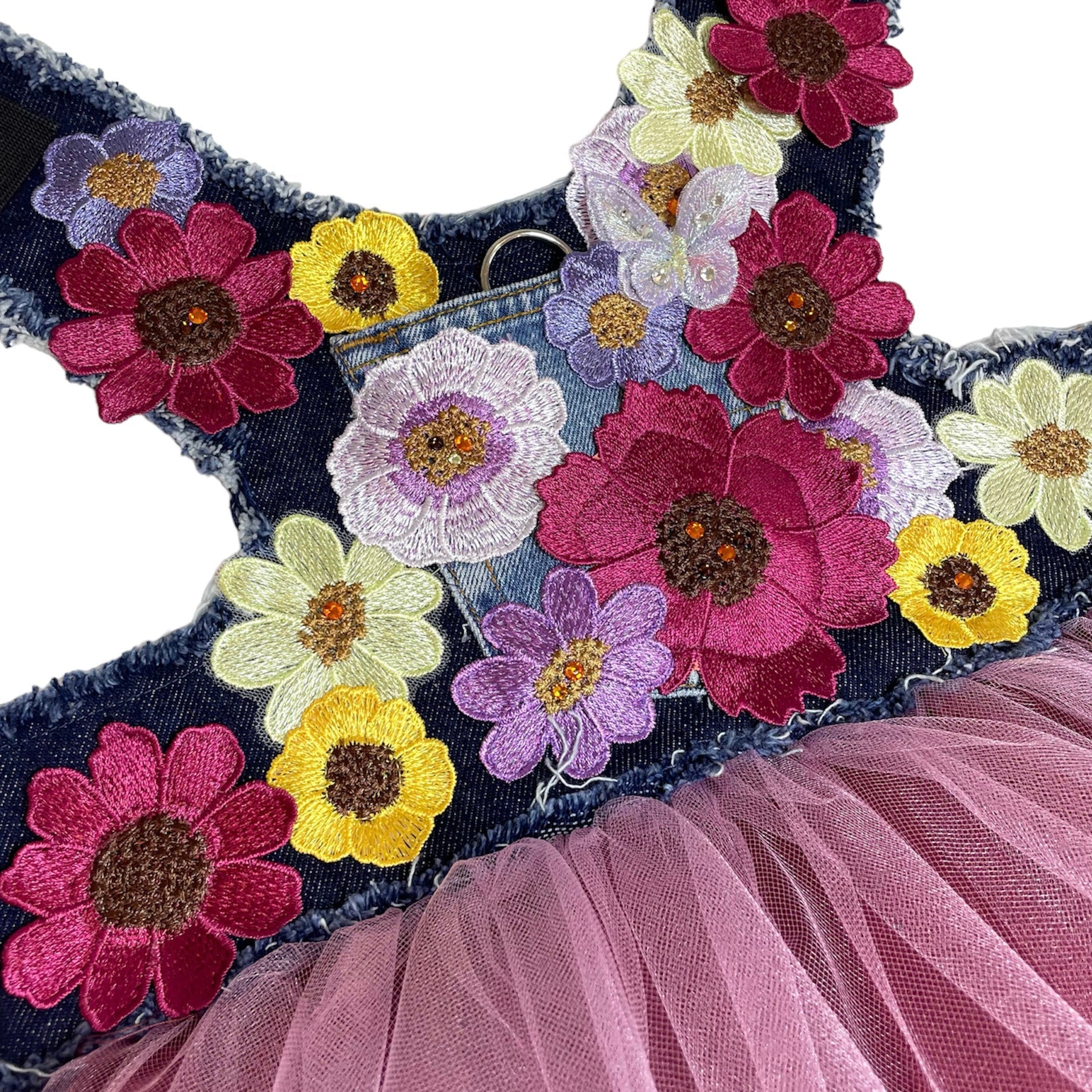 Heads or Tails Pup Plum Prosecco Bouquet Denim Dog Dress