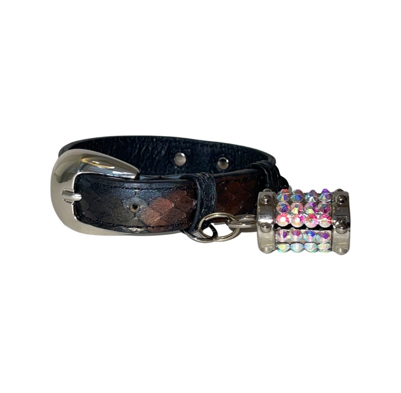 Allysa Payne Gun Metal Grey/Bronze/Silver Custom Snake Dog Collar/Custom Silver Oval Italian Hardware & Barrel Swarovski Charm