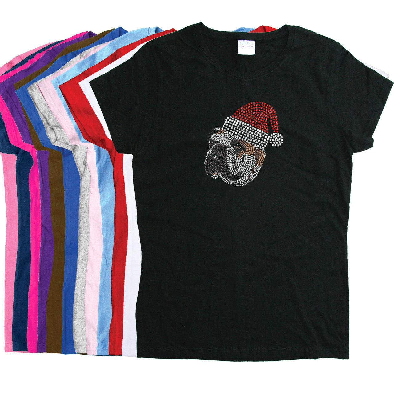 Bulldog Face (Brown) with Santa Hat - Womens T-shirt