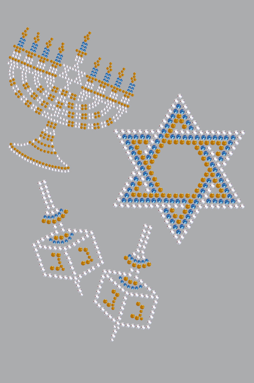 Menorah, Dreidel & Star of David (Blue, Silver, & Gold) - Women's T-shirt