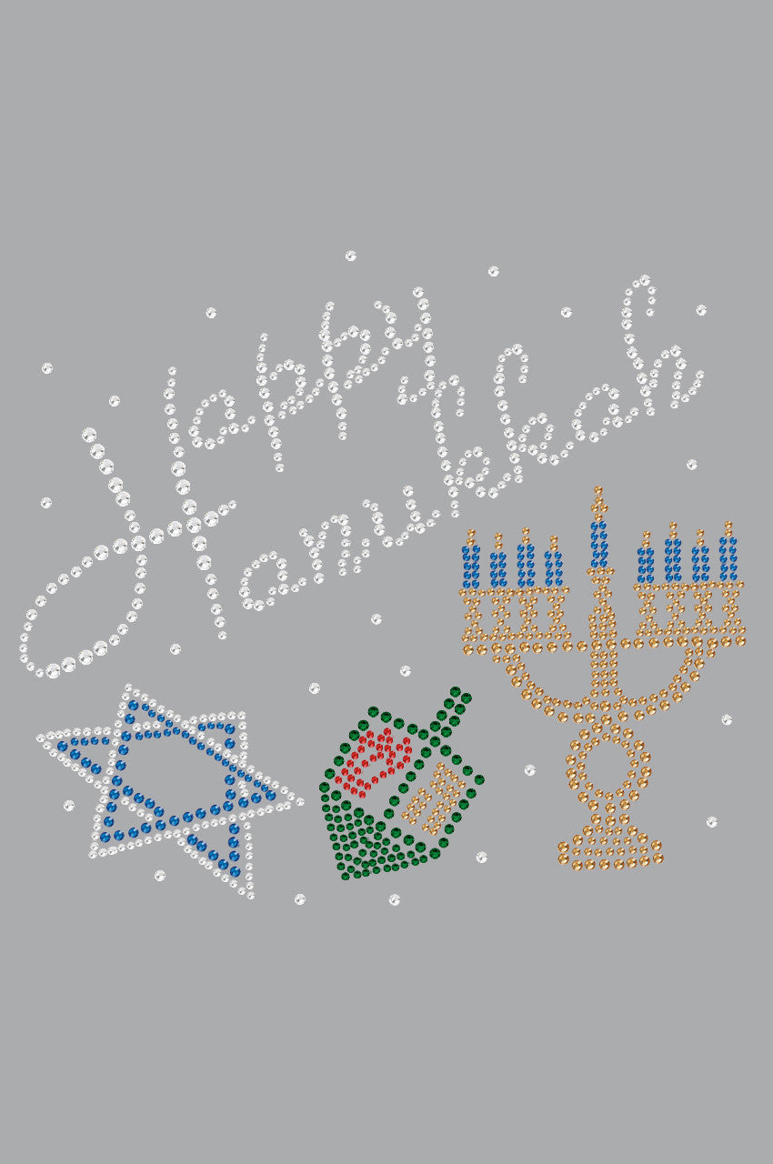 Happy Hanukkah - Dreidel, Menorah and Star of David - Womens Tee