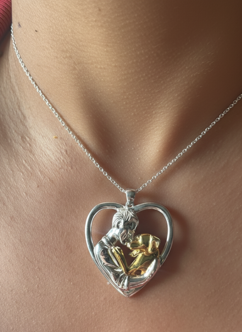 Boy and Dog Necklace- 925 Sterling Silver Two Tone Piece