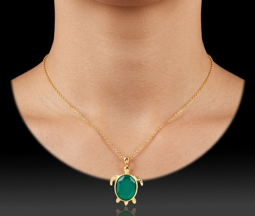 Green Onyx Turtle Necklace- 925 Sterling Silver
