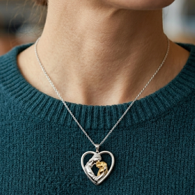 Girl Hugging Dog Heart Shaped Pendant- 925 Sterling Silver Two Toned Piece