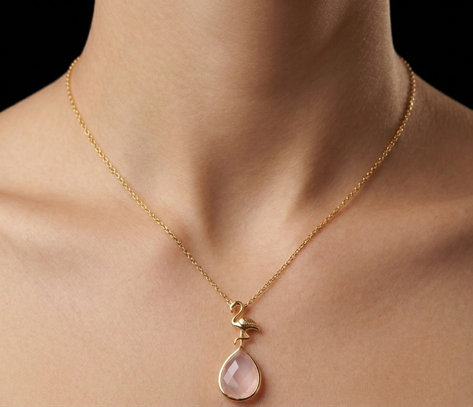 Pink Chalcedony Flamingo Necklace- 925 Sterling Silver