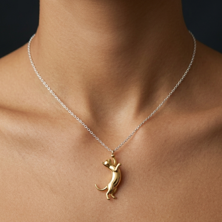 Dangling Cat Necklace- 925 Sterling Silver Two Toned