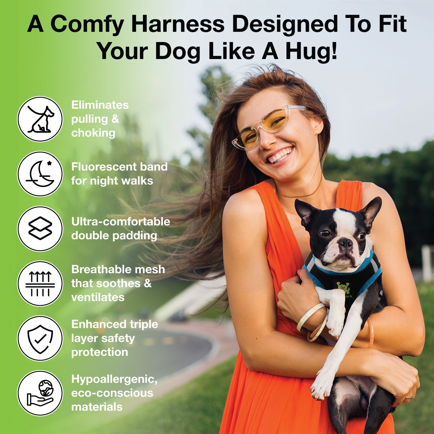 EcoBark Step In Dog Harness - Teacup & Small Breeds- Reflective Soft Mesh Harness for Teacup, Small Dogs and Puppies / Black w/ Teal Piping