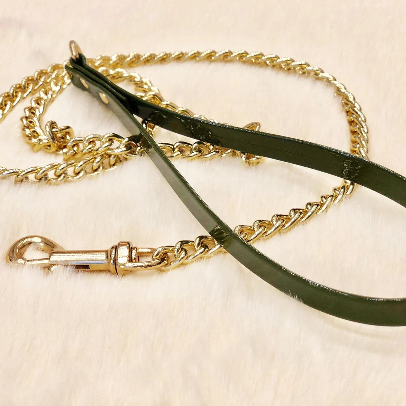 Fashion Collar and Chain Leash Set - Olive Green with Gold Studs