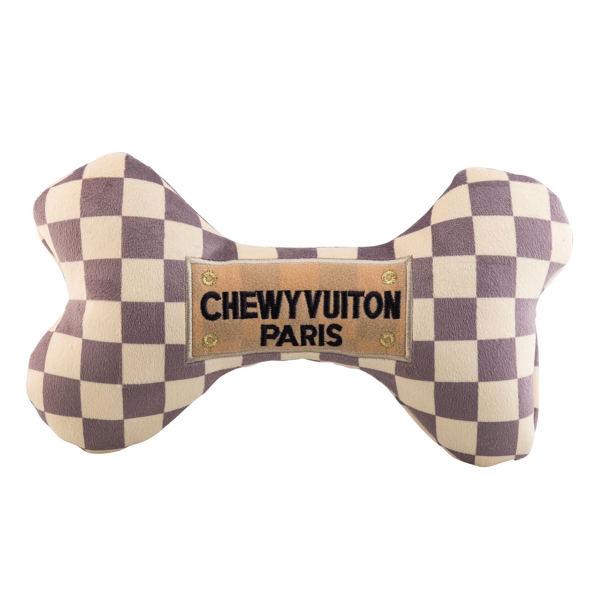 Haute Diggity Dog Tan Checker Chewy Vuiton Bone Toy Plush Dog Toy