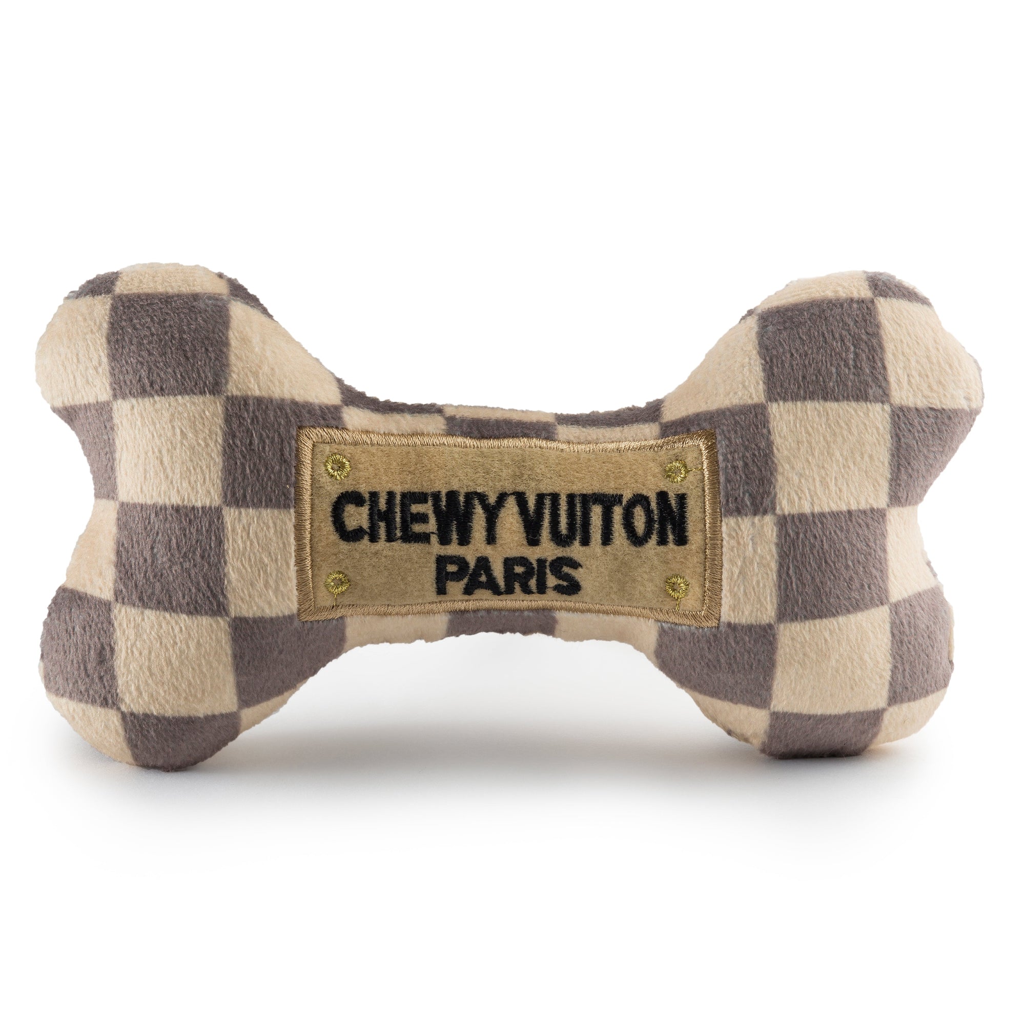 Haute Diggity Dog Tan Checker Chewy Vuiton Bone Toy Plush Dog Toy