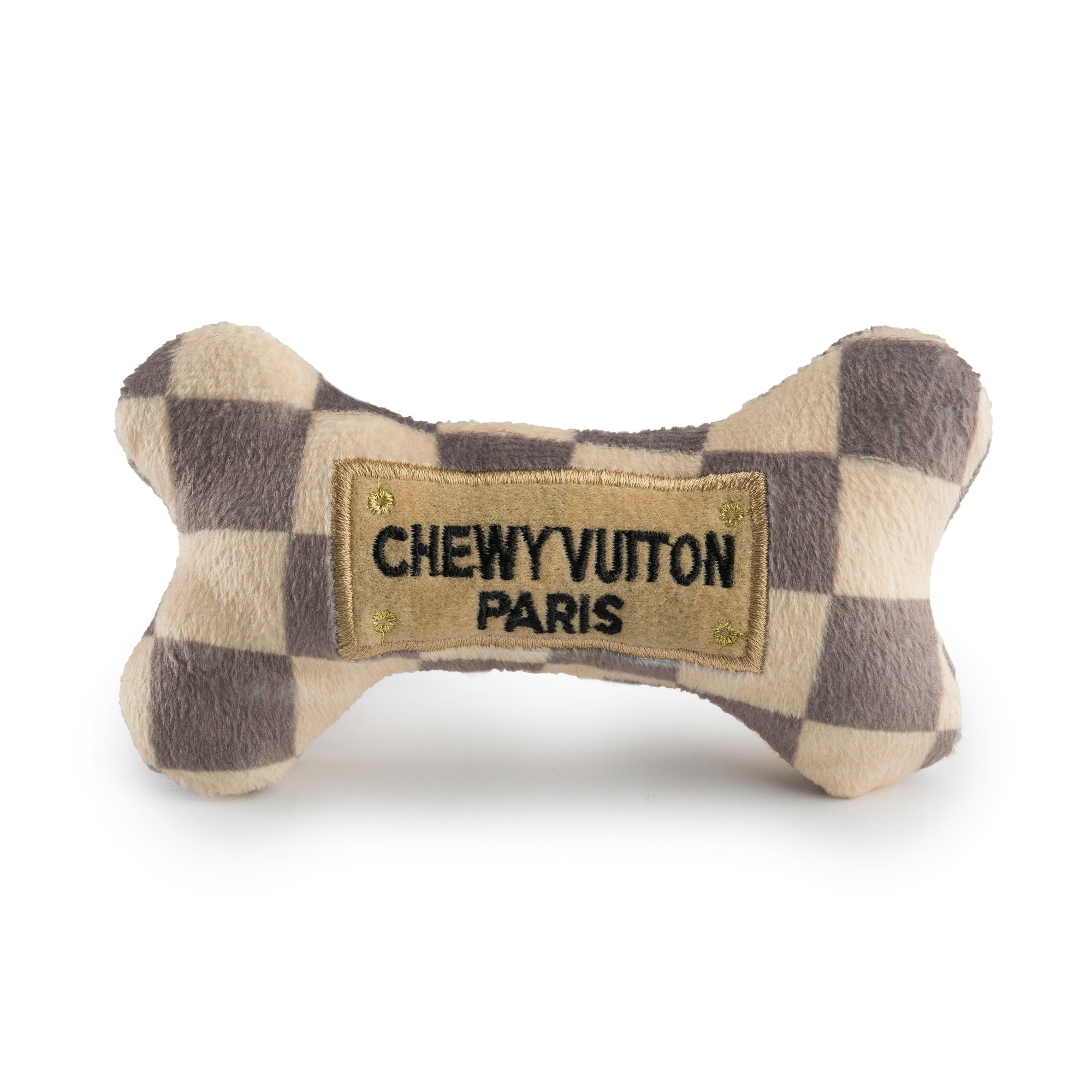 Haute Diggity Dog Tan Checker Chewy Vuiton Bone Toy Plush Dog Toy