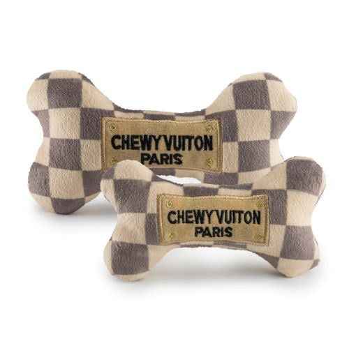 Haute Diggity Dog Tan Checker Chewy Vuiton Bone Toy Plush Dog Toy