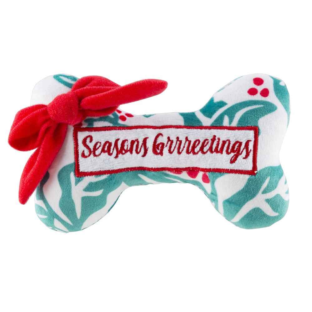 Haute Diggity Dog Holly Print Bone - Seasons Grrreetings Christmas Plush Dog Toy Holiday Christmas Plush Dog Toy