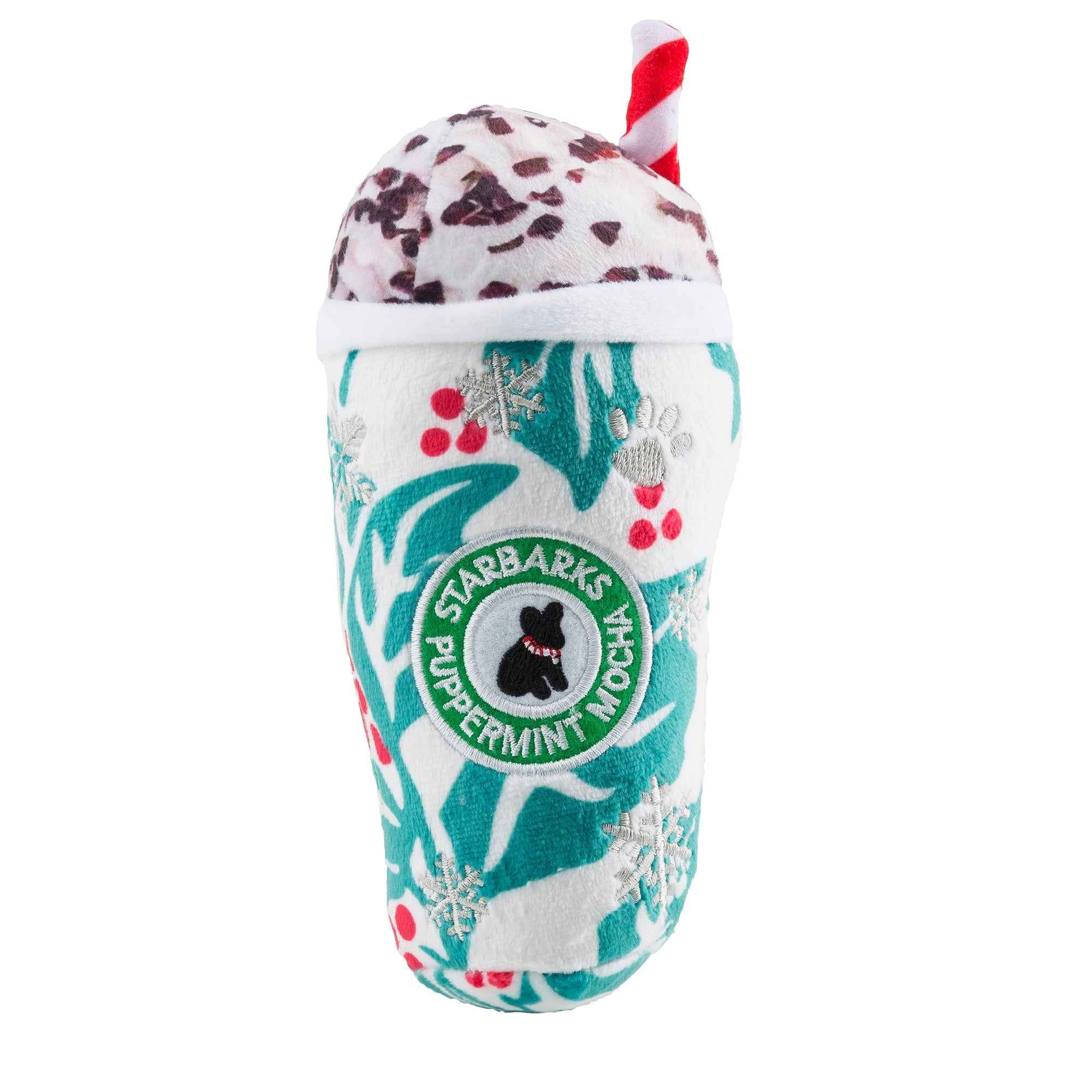 Haute Diggity Dog Starbarks Puppermint Mocha Holly Print Cup Plush Dog Toy