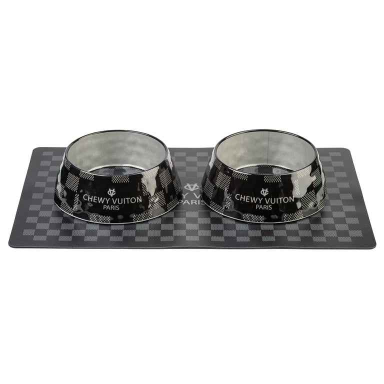 Haute Diggity Dog Black Checker Chewy Vuiton Bowl & Placemat Bundle