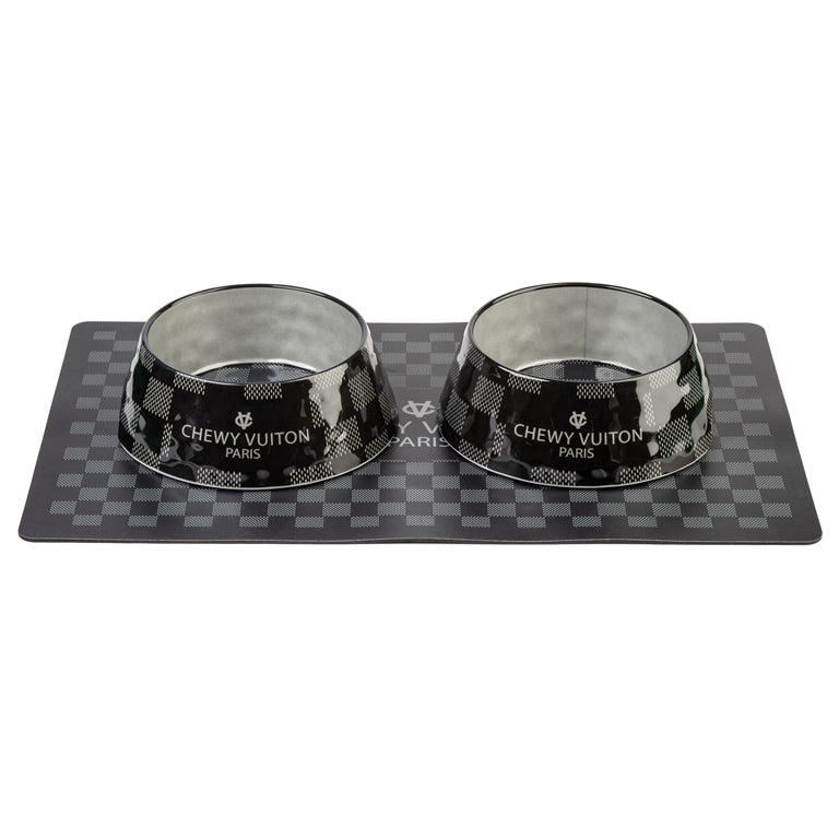 Haute Diggity Dog Black Checker Chewy Vuiton Bowl & Placemat Bundle
