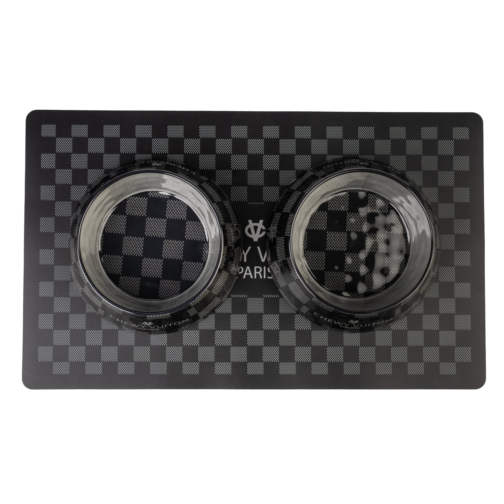 Haute Diggity Dog Black Checker Chewy Vuiton Bowl & Placemat Bundle