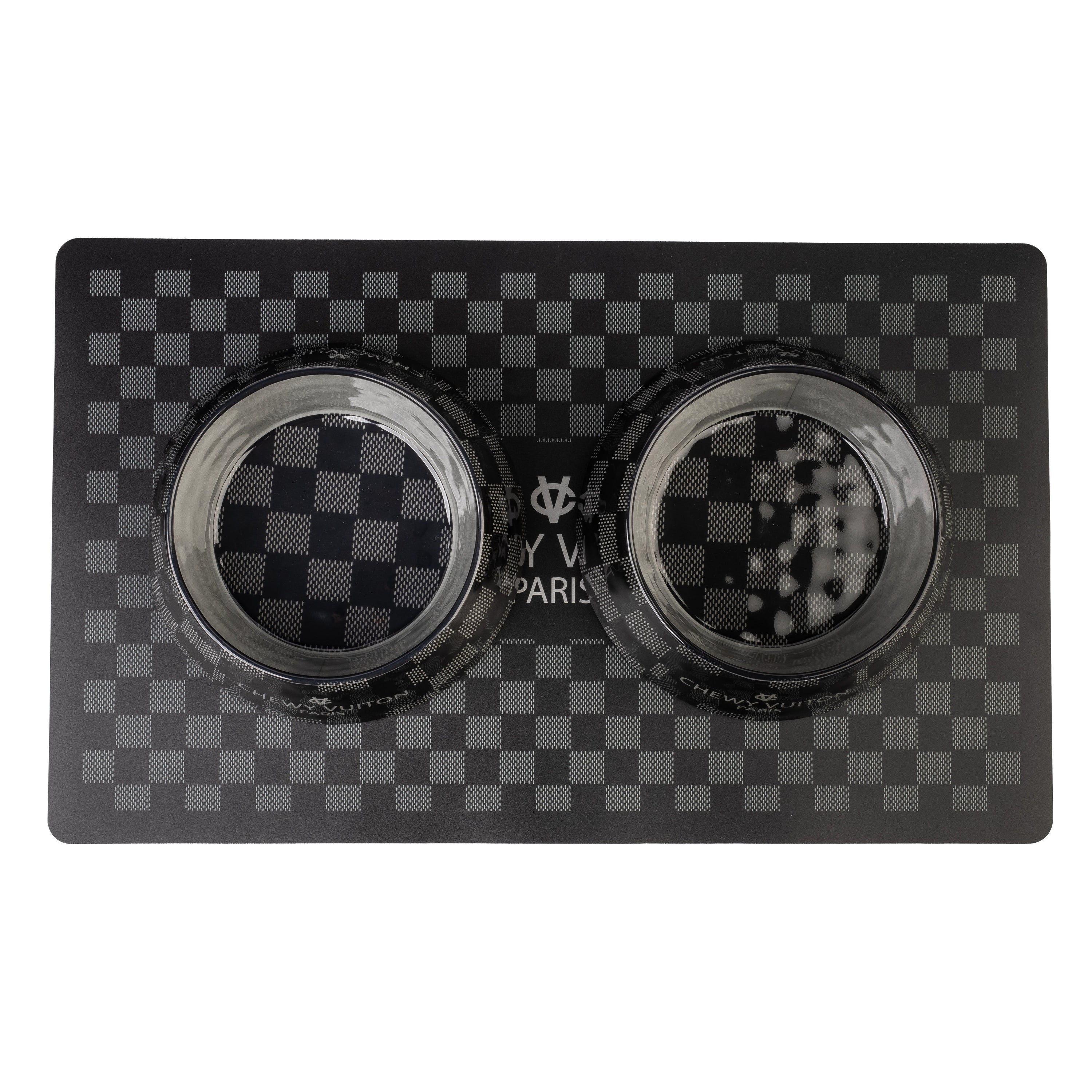 Haute Diggity Dog Black Checker Chewy Vuiton Bowl & Placemat Bundle
