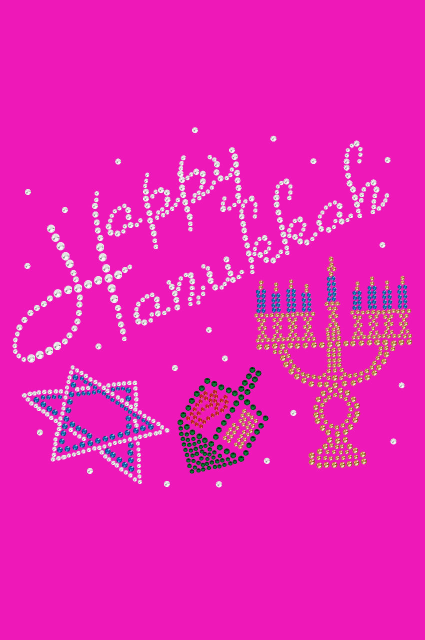 Happy Hanukkah - Dreidel, Menorah and Star of David - Womens Tee