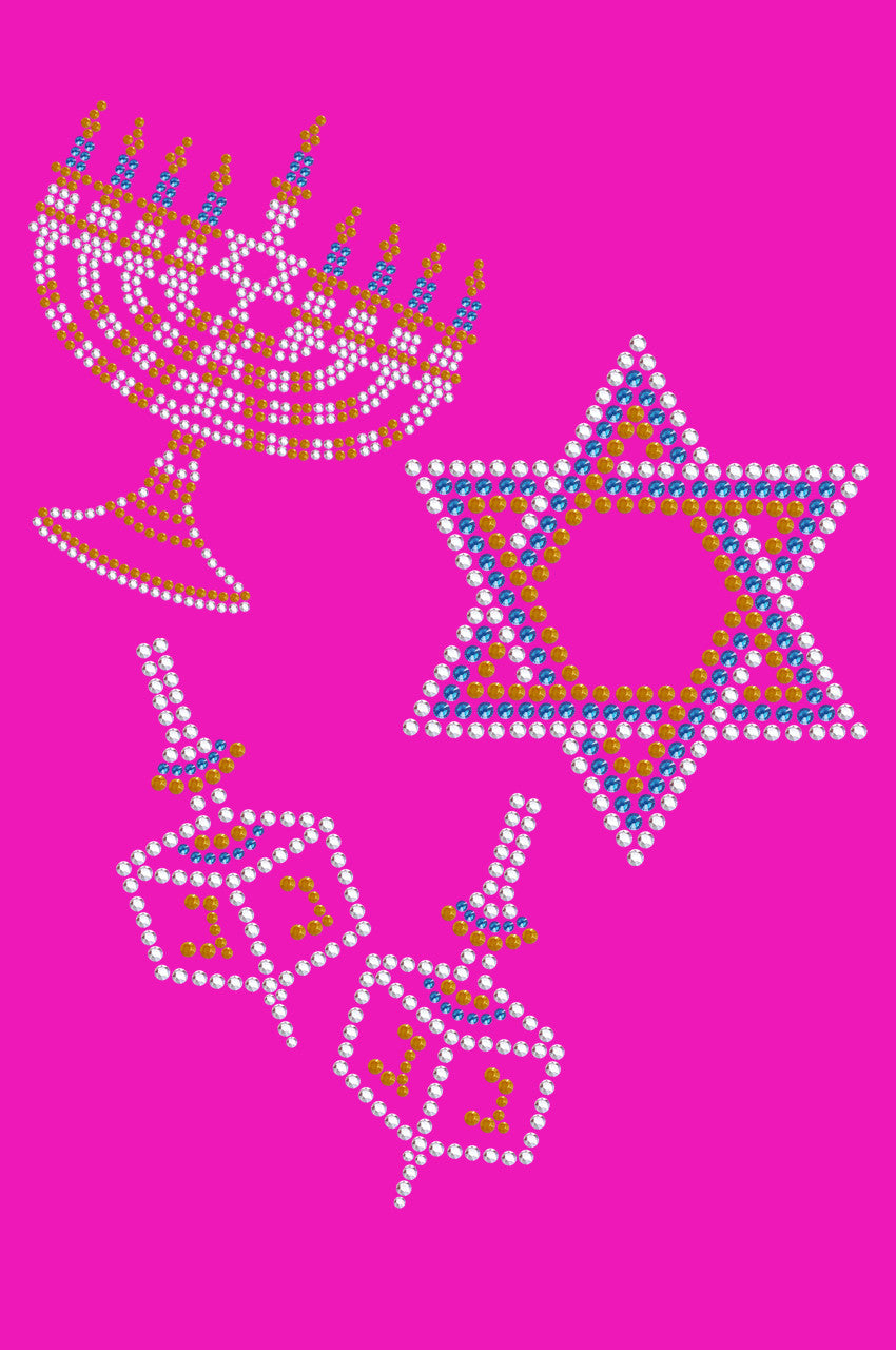 Menorah, Dreidel & Star of David (Blue, Silver, & Gold) - Womens T-shirt