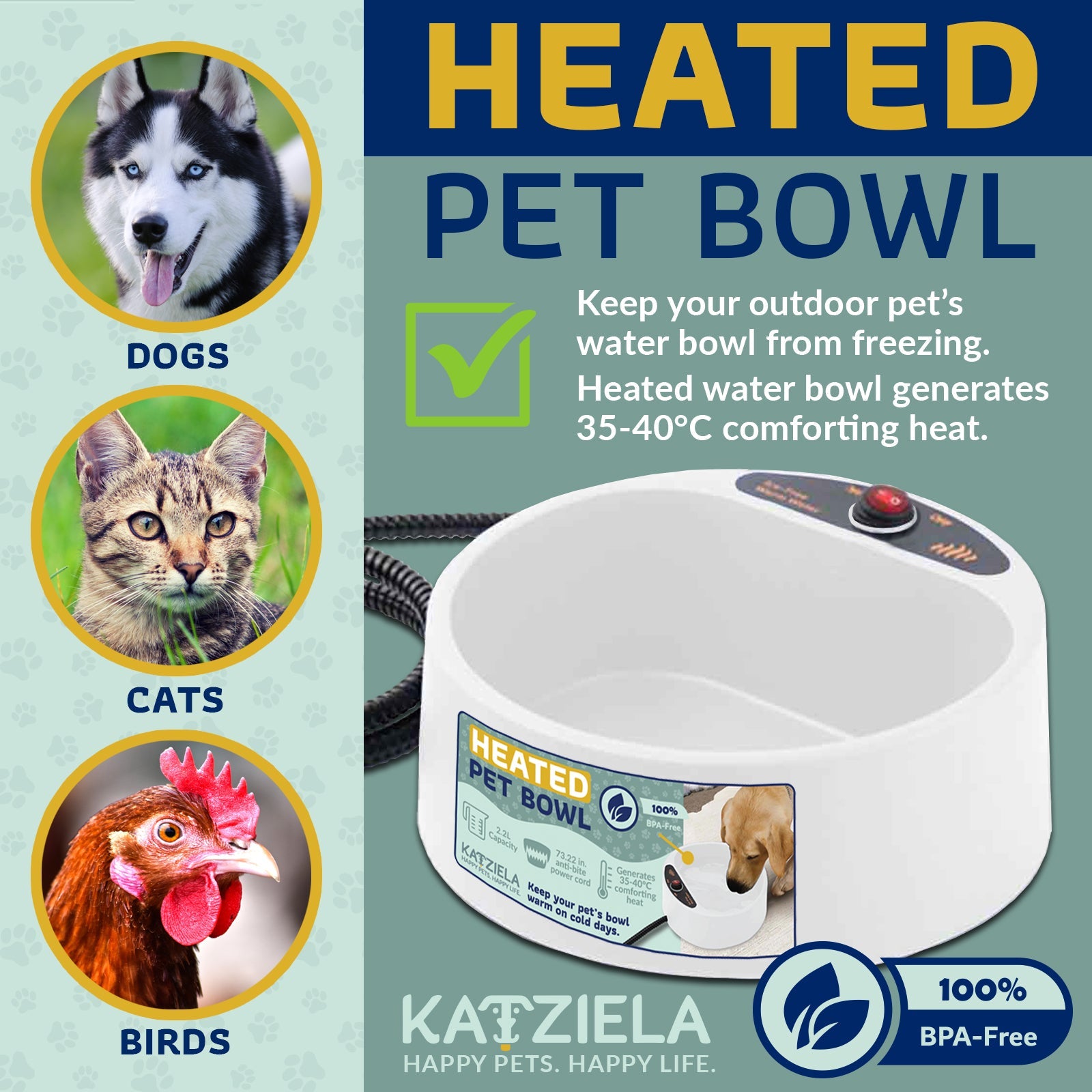 Katziela 2 Liter Heated Pet Water Bowl With Anti-Bite Cord To Keep Your Pets Bowl Warm On Cool Days