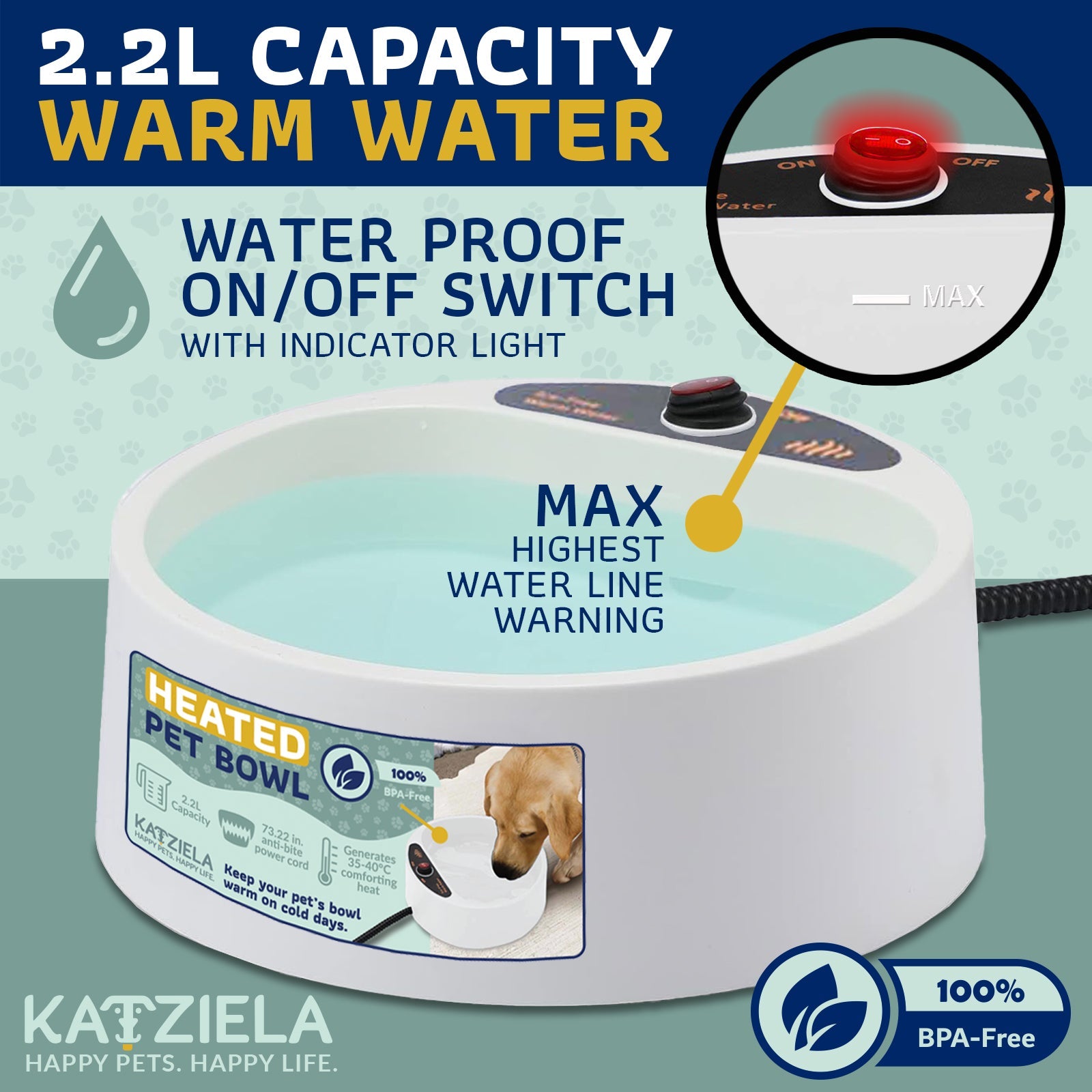 Katziela 2 Liter Heated Pet Water Bowl With Anti-Bite Cord To Keep Your Pets Bowl Warm On Cool Days