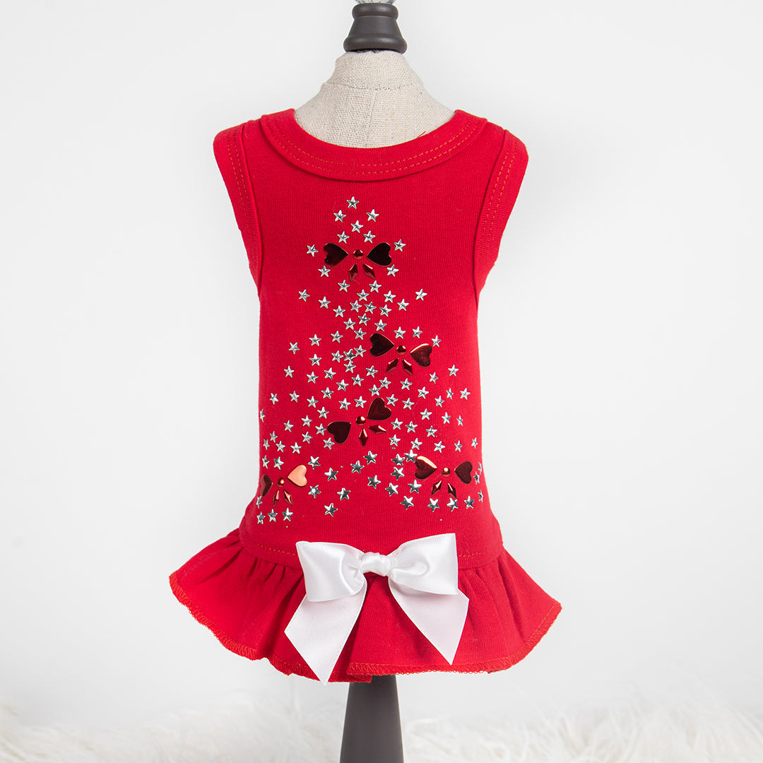 Hello Doggie Holiday Sparkle Satin Cotton Red Dog Dress