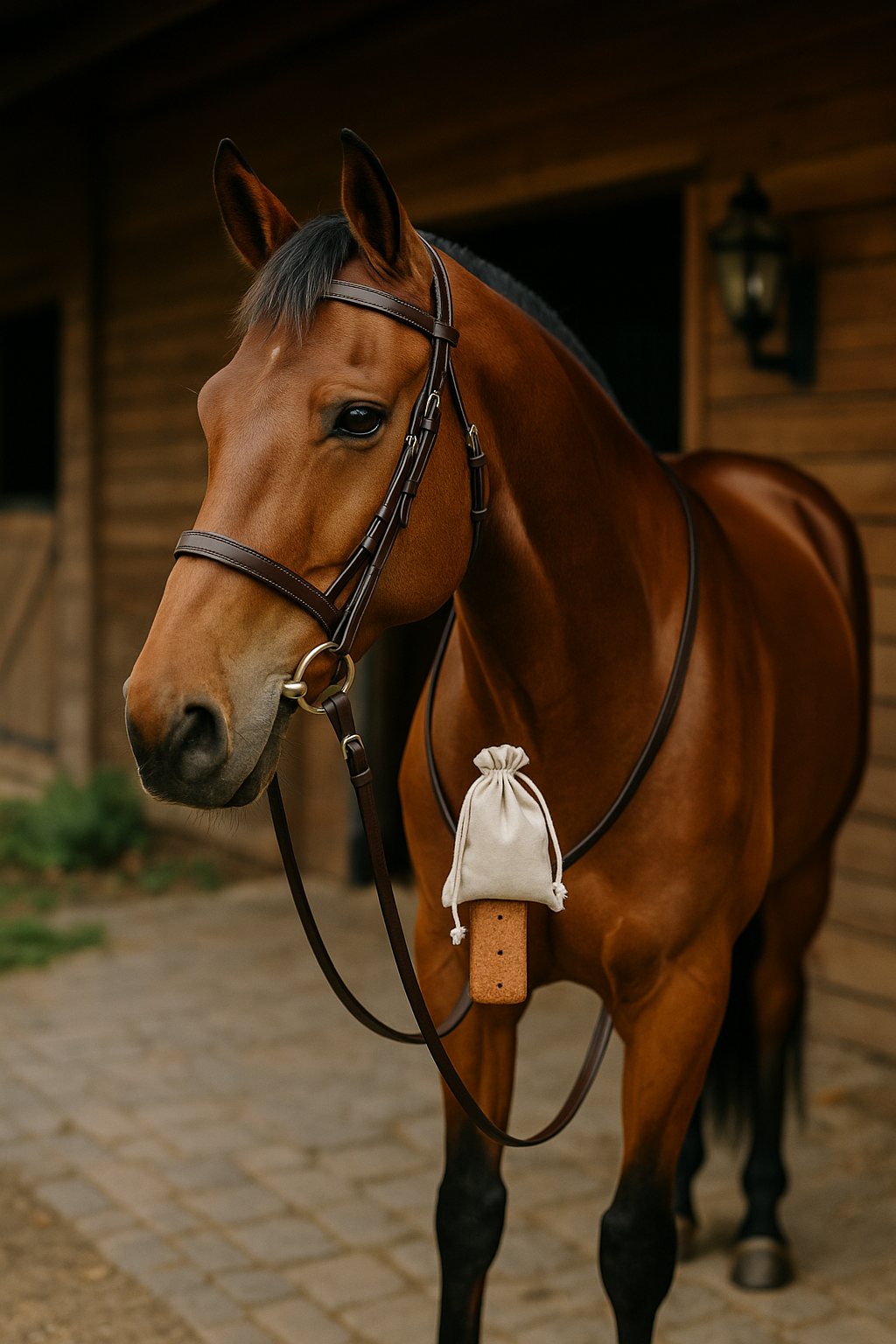 Brown horse with a bridle and a white bag on a wooden stable background