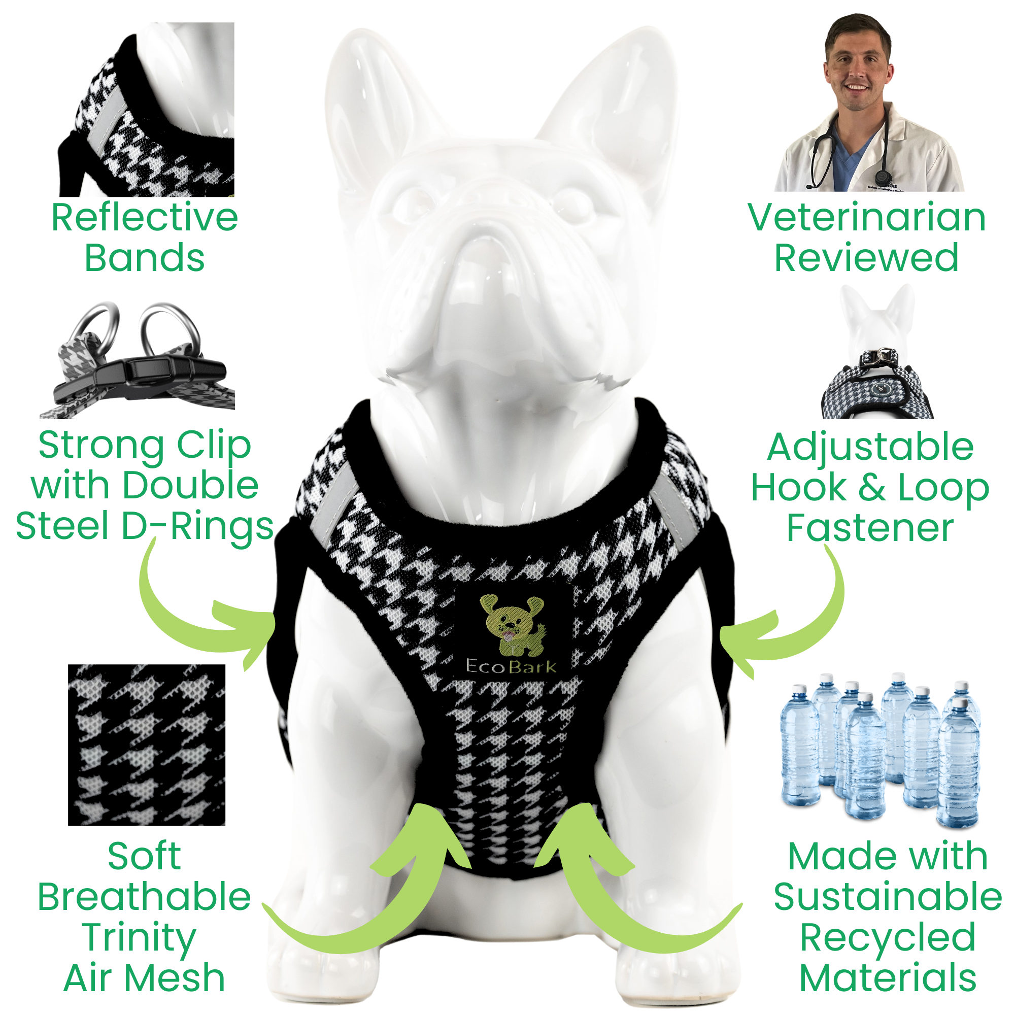 EcoBark Step In Dog Harness - Teacup & Small Breeds- Reflective Soft Mesh Harness for Teacup, Small Dogs and Puppies / Houndstooth