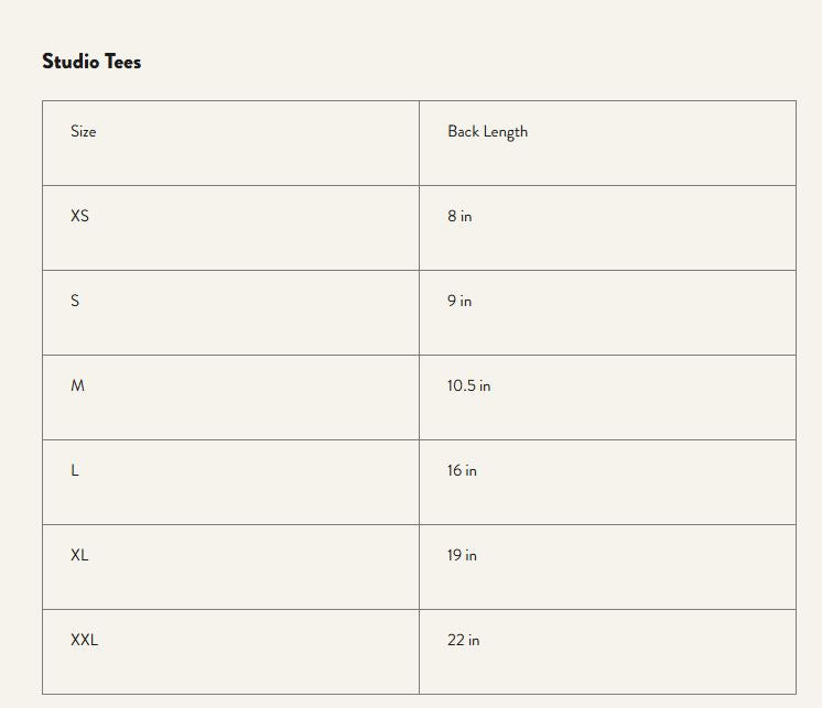 Found My Animal Studio Human Tee, Prismatic Size Chart