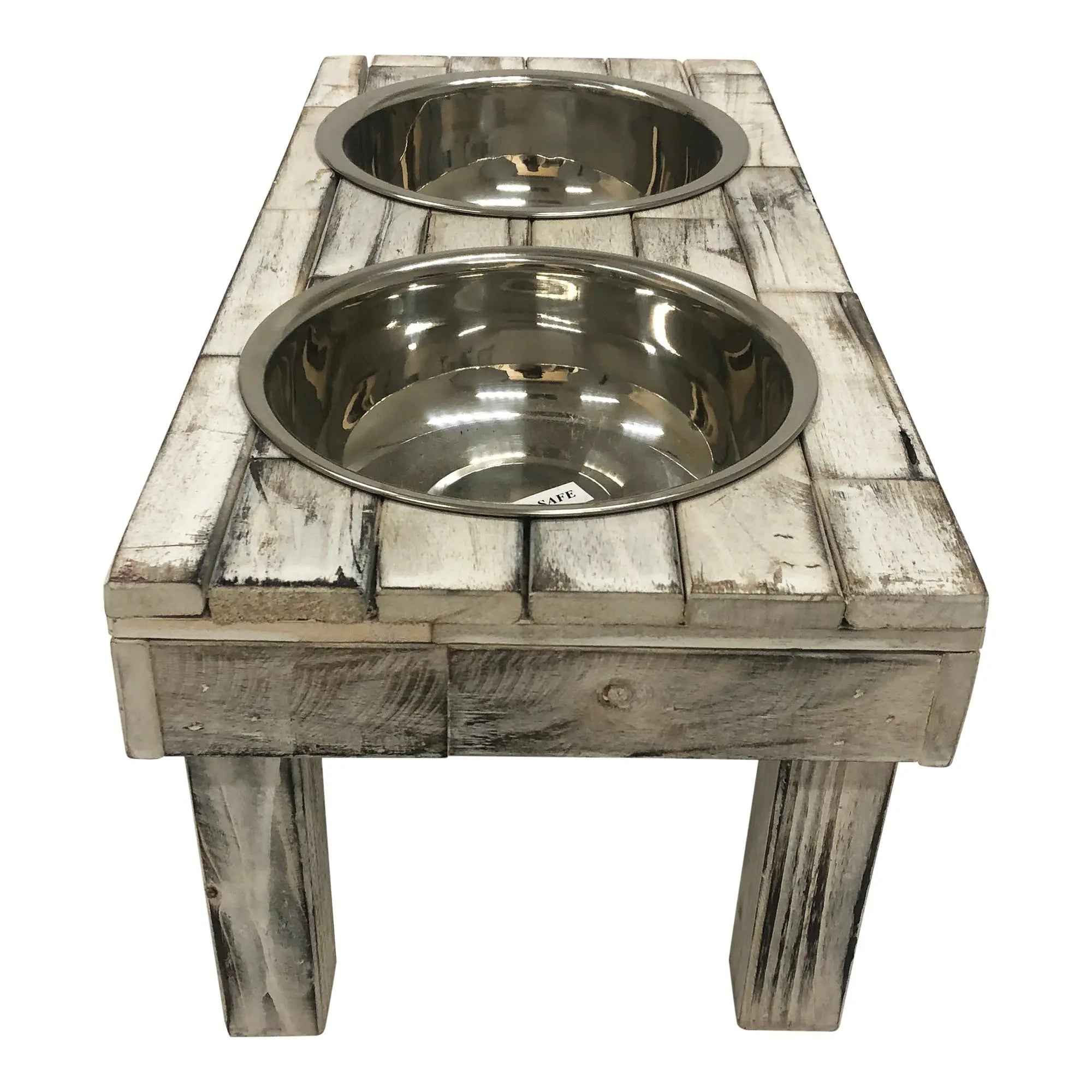 Huntley Pet Berjen Table Elevated Double Bowl Pet Feeder, White Wash