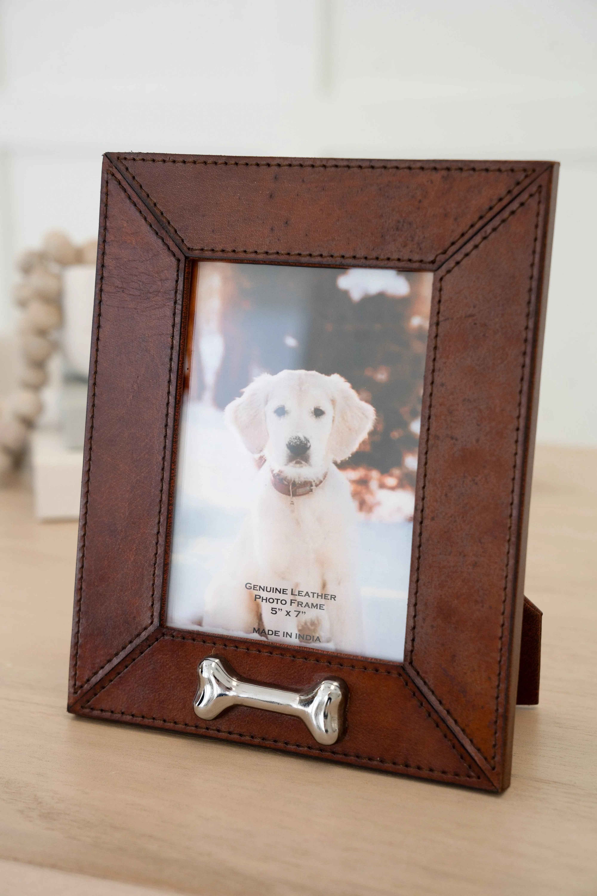 Huntley Pet Leather 5x7 Picture Frame with Silver Bone Accent